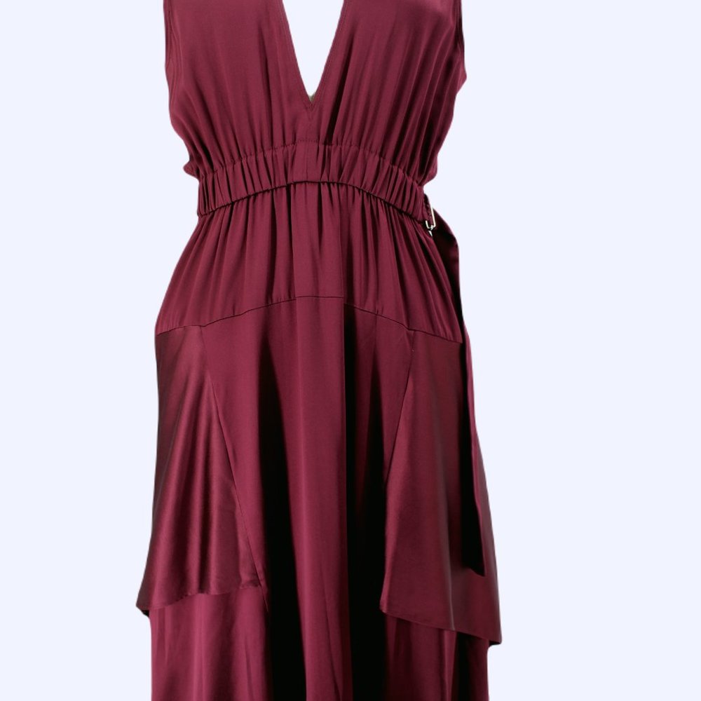 A.L.C. Silk Verena Plunging V-Neck Open Back Burgundy Satin Midi Dress - Picture 6 of 15